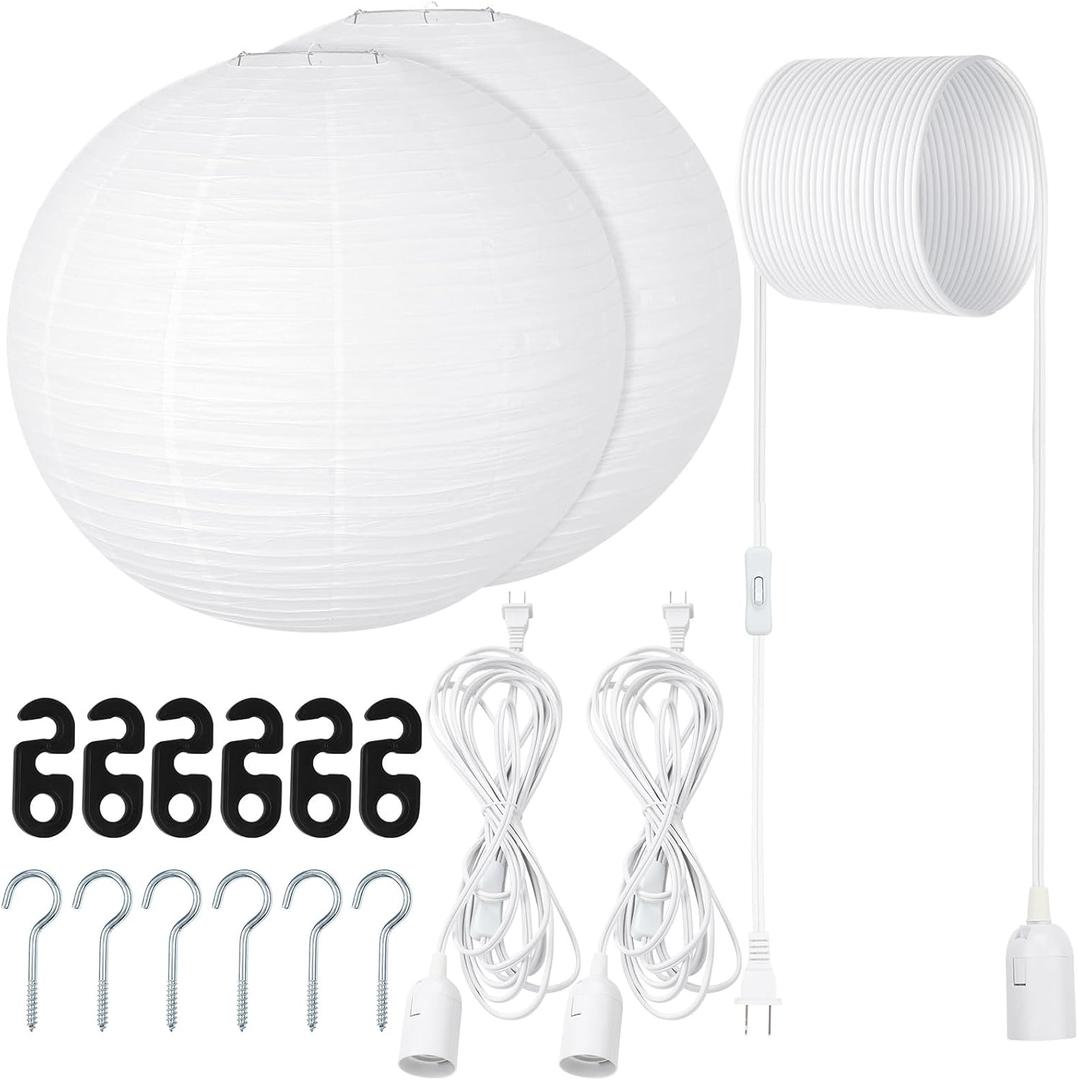 Rossesay 2 Sets Jumbo Round Paper Lanterns with Lamp Cord Cable White Hanging Paper Lanterns Chinese Japanese Pendant Hanging Lamp for Birthday Wedding Bridal Anniversary Party Decoration(30 Inch)