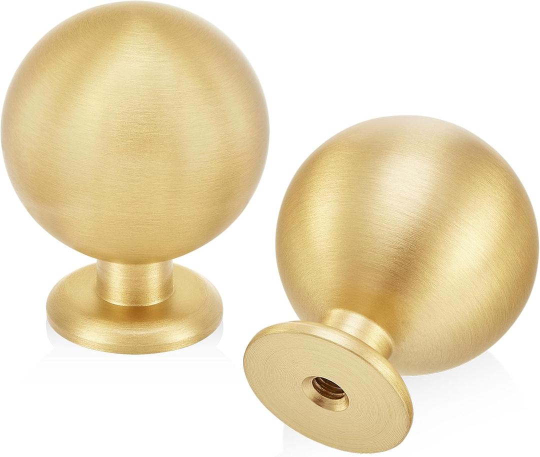 QOGRISUN 5-Pack Solid Brass Cabinet Knobs, Round Ball Gold Knobs for Dresser Drawer, 1.1-Inch Diameter, Sphere Cabinet Pulls, Brushed Brass Finish