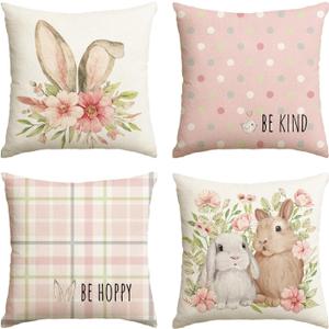 AVOIN colorlife Easter Rabbit Flower Buffalo Plaid Be Hoppy Throw Pillow Cover, 18 x 18 Inch Polka Dot Bird Be Kind Cushion Case Decoration for Sofa Couch Set of 4 (Pink)