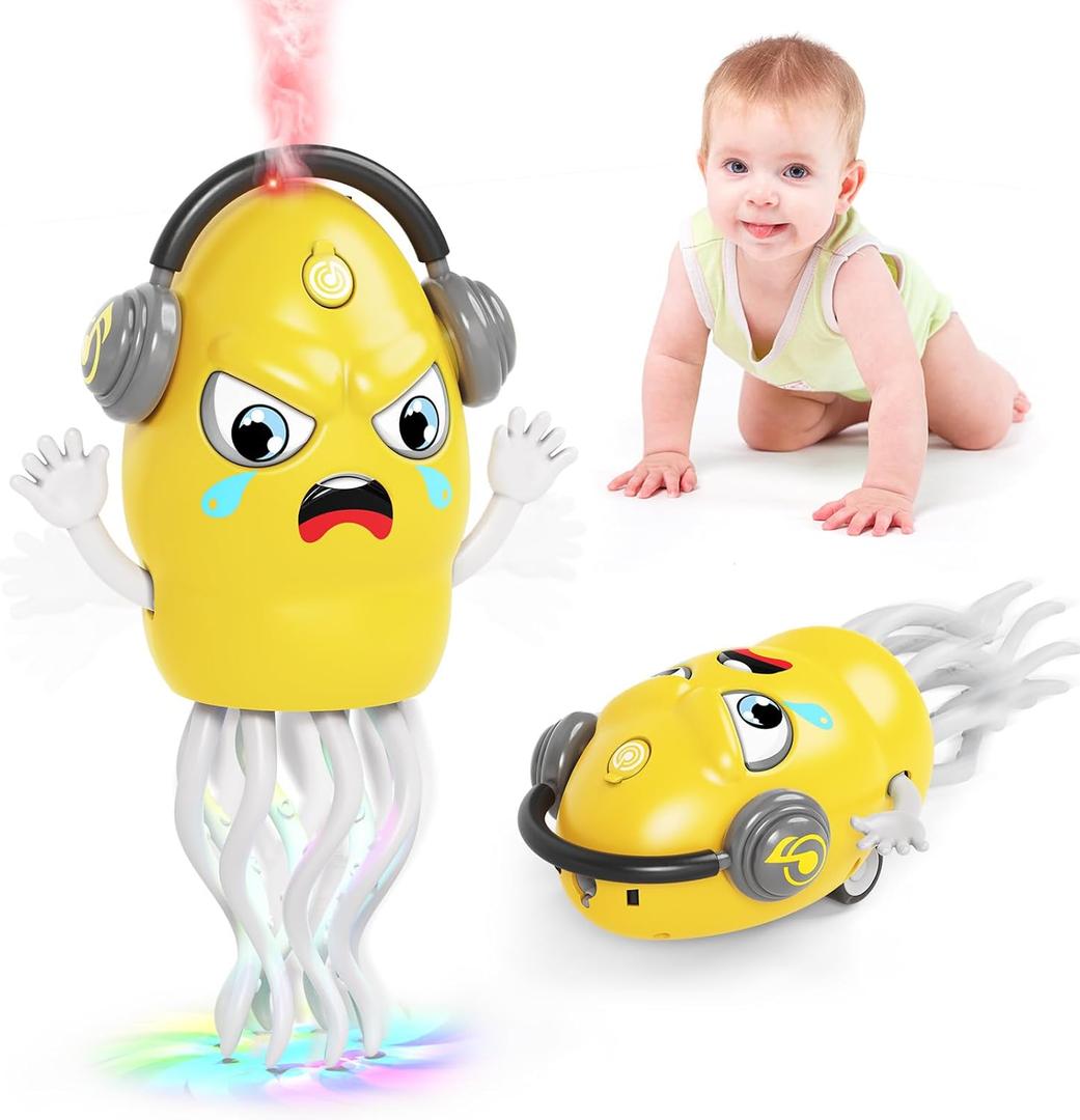 Dancing Squid Toy with Spray, Dancing Octopus Crawling Toys with Music and Lights, Electric Crawling Octopus Baby Toy, Tummy Time Squid Toys, Birthday Baby Gifts Christmas Stocking Stuffers (Yellow )