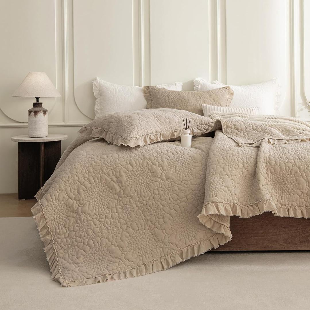 QSH 3PCs Dark Wheat Oversized King Quilt Bedspread Set(120"x120"),Stonewashed Cotton Ruffled Quilt California King,Ultra Soft Lightweight Crinkled Shabby Bedspread Coverlet Bedding Set for All Seasons