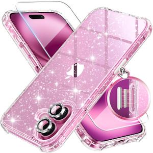 BERFY for iPhone 16 Case Glitter, with 9H Tempered Screen Protector + 2X Diamond Camera Lens Protectors, [Non-Yellowing] Women Clear Sparkly Cute Bling Hard Shockproof Phone Cover 6.1", Shiny Clear