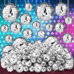 Funtery 100 Pcs Mirror Disco Balls Bulk Assorted Silver Hanging Disco Ball Decor for Home Wedding Birthday Dance Music 70 S Theme Party Christmas Tree Ornaments(1.2'',1.6'',2'',2.4'',4'')