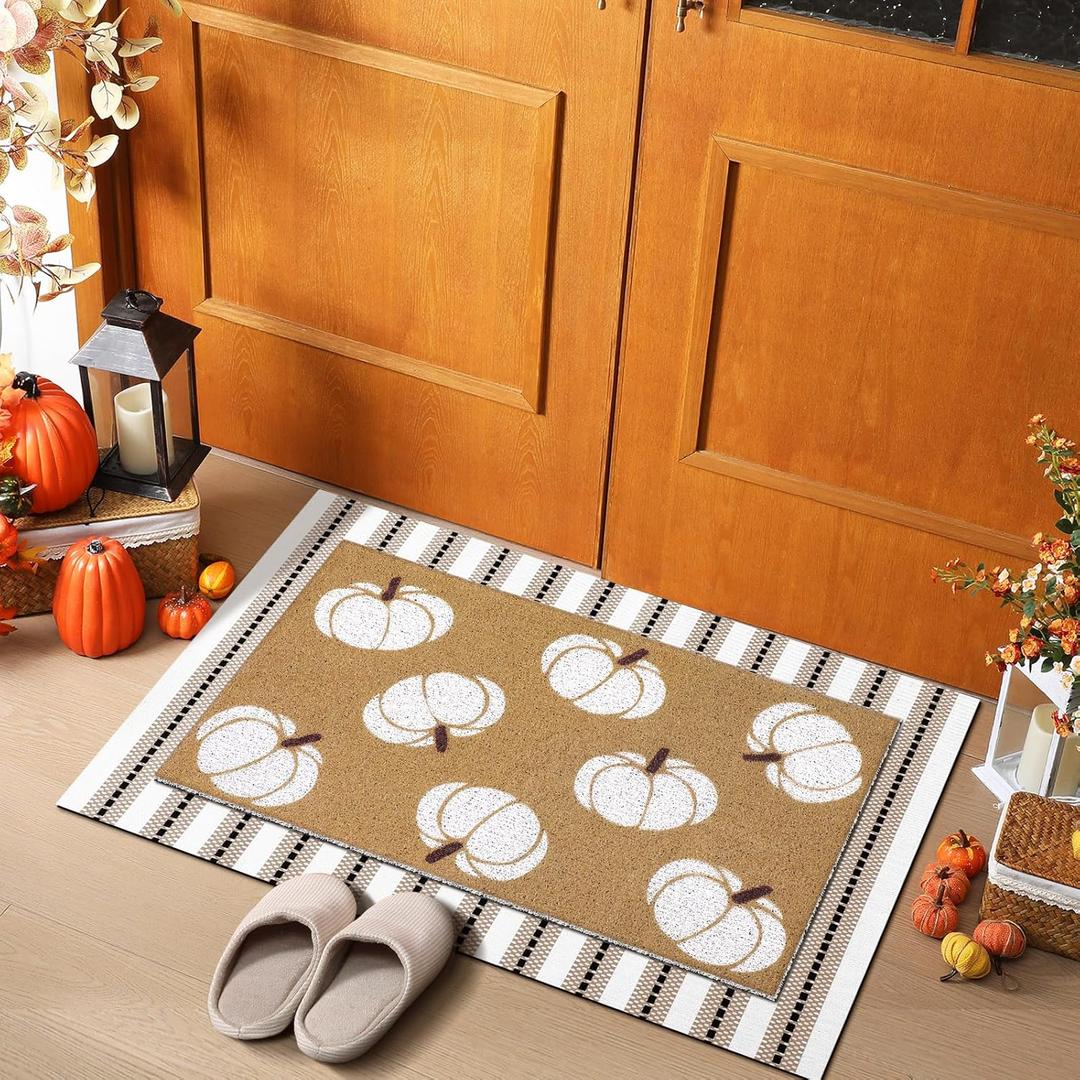 2 Pcs Fall Doormats Welcome Outdoor Door Mats Layered Neutral Pumpkin Front Door Rugs Non Slip Floor Mats for Autumn Thanksgiving Halloween Porch Entryway Indoor Outdoor Decor(Neutral Pumpkin)