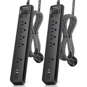 2 Pack Power Strip Surge Protector - 5 Widely Spaced Outlets 3 USB Charging Ports, 1875W/15A with 6Ft Braided Extension Cord, Flat Plug, Overload Surge Protection, Wall Mount for Home Office (6 FT)