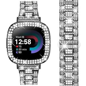 Dsytom Bling Stylish Watch Band Compatible With Fitbit Versa 4, Sense 2, Versa 3, Sense - Cute Strap With Rhinestone Protective Case Cover for Women