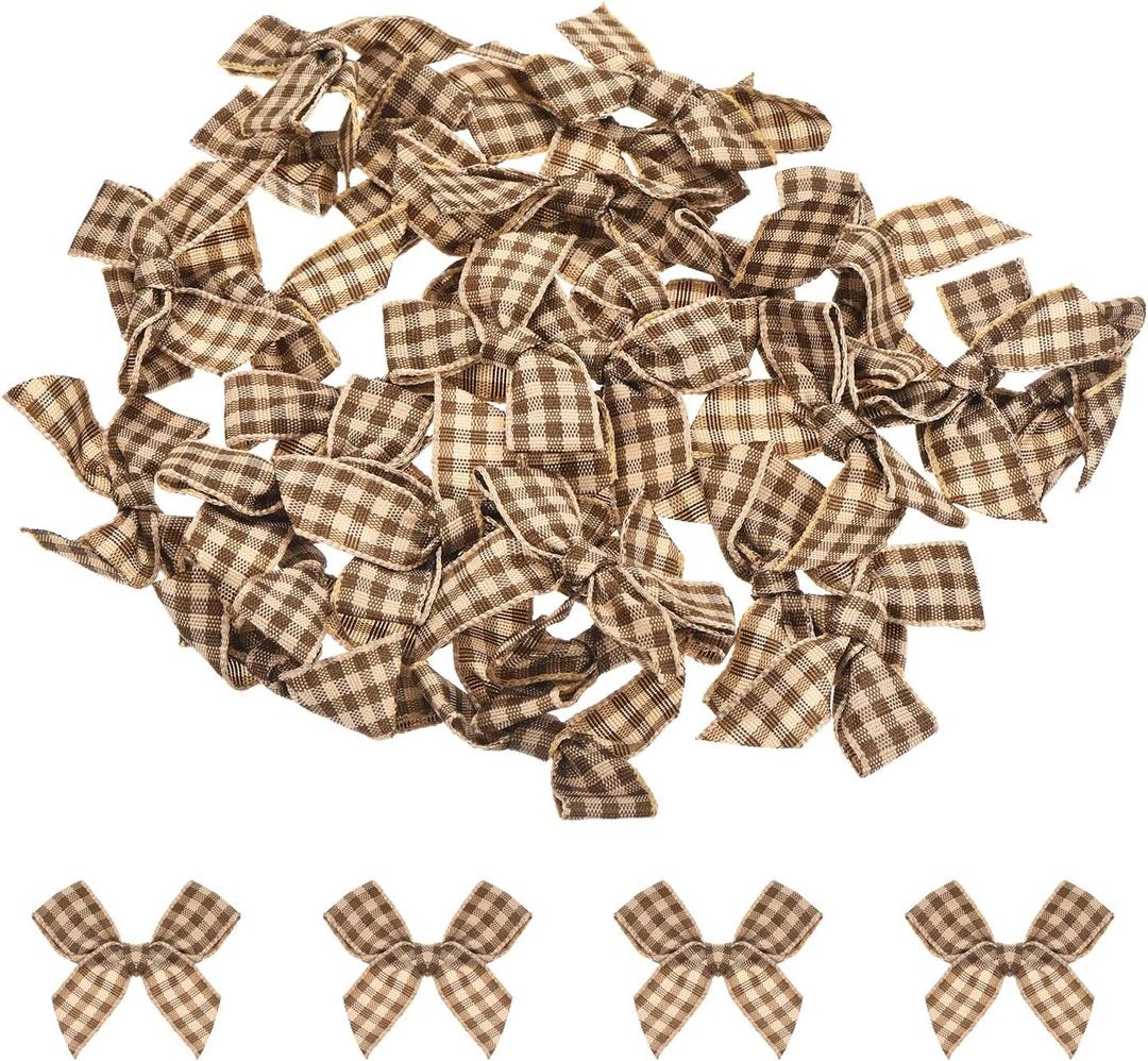 MECCANIXITY 30Pcs Mini Gingham Ribbon Bow 1.5" Checkered Fabric Satin Ribbon Bows for Craft DIY Hair Bow Sewing Wedding Birthday Party Brown and Light Yellow