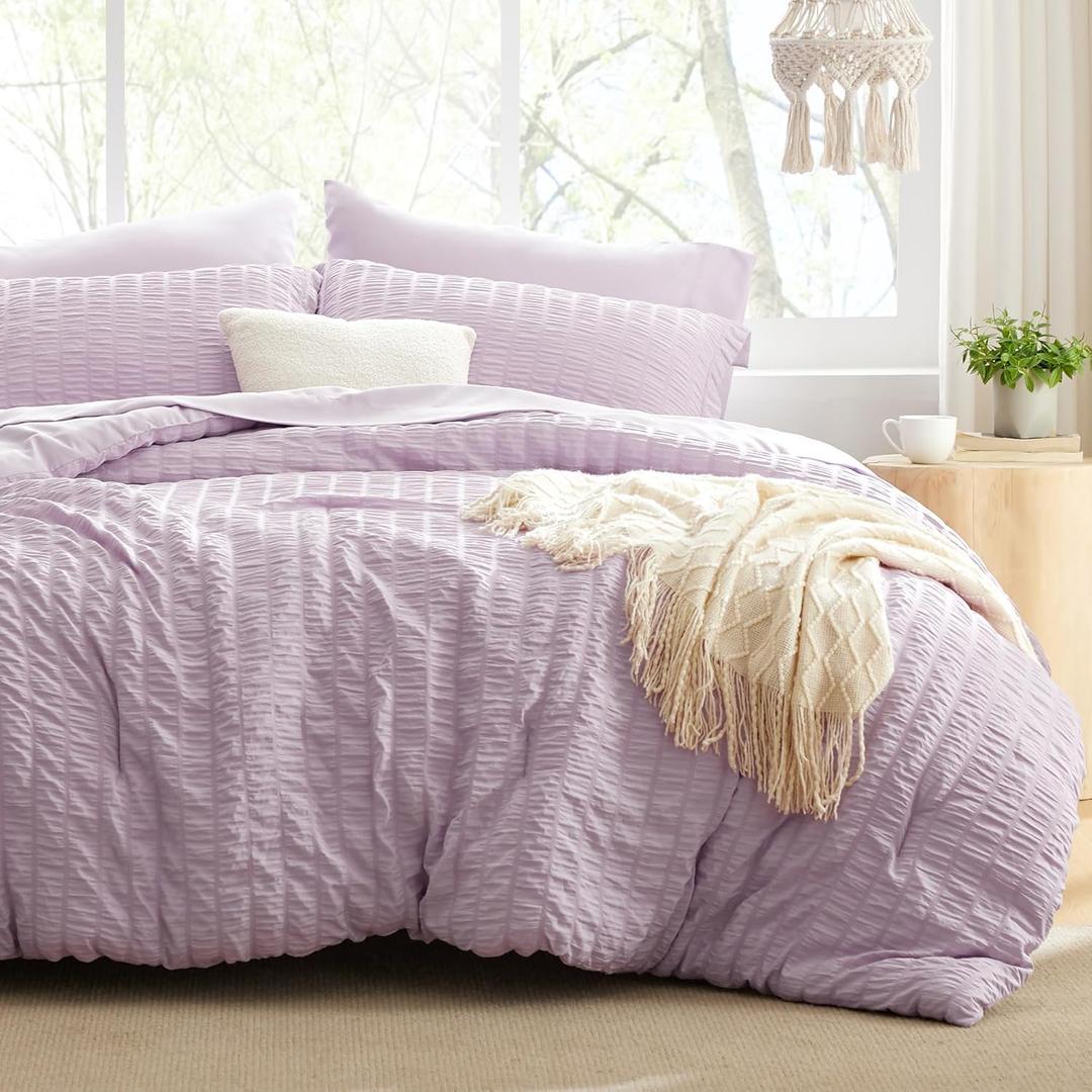 Love's cabin Seersucker Lavender King Size Comforter Set 7 Pieces, All Season Bedding Set, King Bed in a Bag Comforter Set with Comforter, Flat Sheet, Fitted Sheet, Pillowcase and Pillow Sham (King (102"X90"))