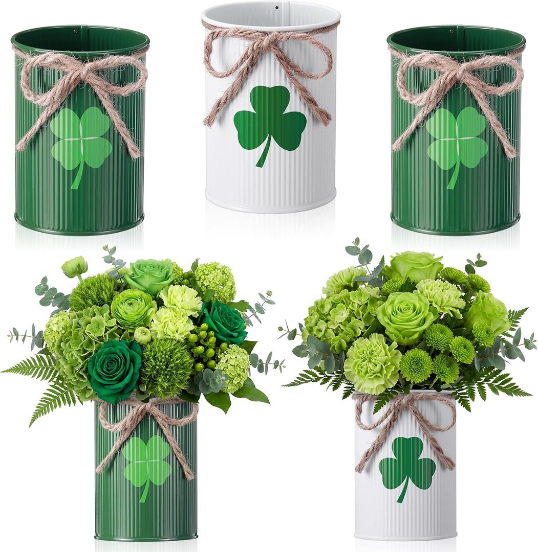 Remerry 3 Pcs St. Patrick's Day Vase Centerpiece, 3.1x4.3 Inches St. Patrick's Day Vase Bow Flower Bucket Shamrock Floral Picks Green Metal Bucket Decor for Table, Galvanized Buckets