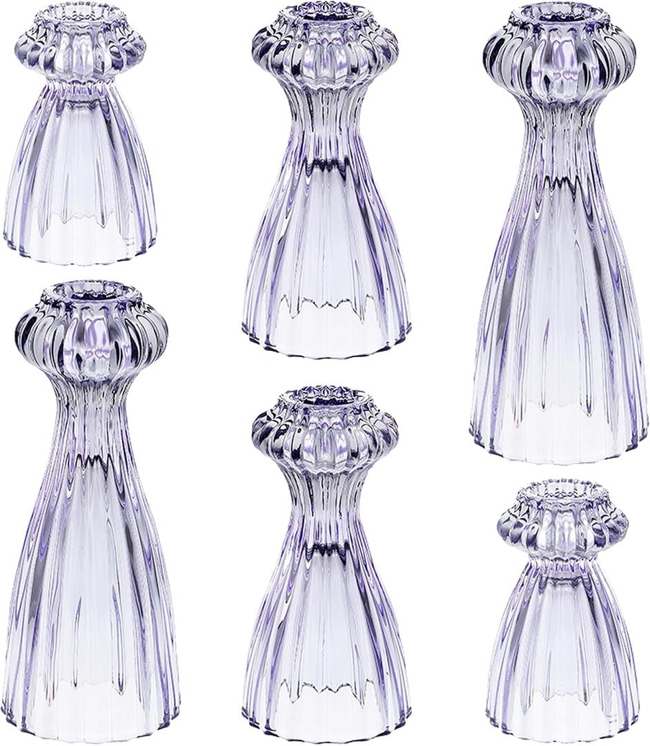 Lysenn Glass Candle Stick Holder Set of 6 – Premium Taper Candle Holders for Romantic Ambiance - Candle Sticks Holder Decor for Special Occasions - Purple