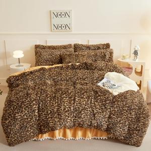 Fluffy Cheetah Comforter Cover Queen Set, Soft Furry Shaggy Leopard Bedding Queen Set 3 Pieces (1 Fuzzy Duvet Cover + 2 Faux Fur Pillow Cases) Fluffy Cheetah Bed Set, Zipper Closure