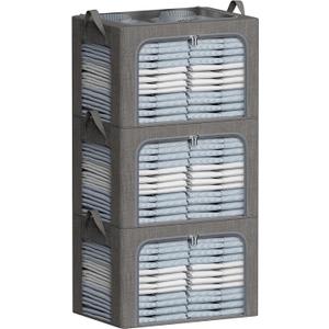 Clothes Storage Bins with Metal Frame Large Foldable Storage Organizer Bin for Clothes 66L Linen Fabric Storage Box with Lid Clear Window (Dark Grey, 19.7x15.7x12.6inch(66L))