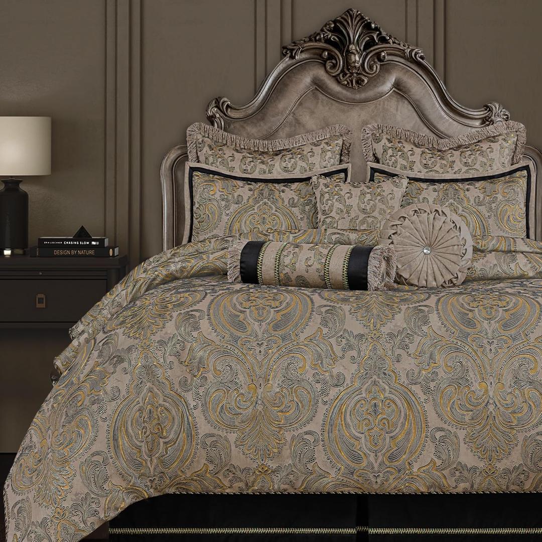 Loom and Mill 9-Piece Luxury King Size Comforter Set, European Damask Comforter Sets, Jacquard Bedding Sets with Euro Shams, Bedskirt, Filled Decorative Pillows(Taupe+Gold+Gray,King)