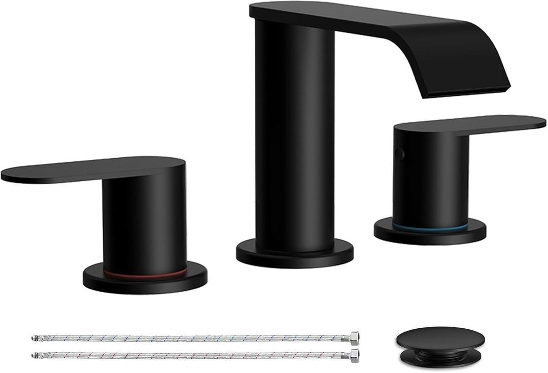 Homevacious Matte Black Waterfall Bathroom Faucet for Sink 3 Hole 8 Inch Widespread Bathroom Sink Faucets with Pop-up Drain Supply Lines Stainless Steel 2-Handle Bathroom Sink Faucet for Bath Vanity