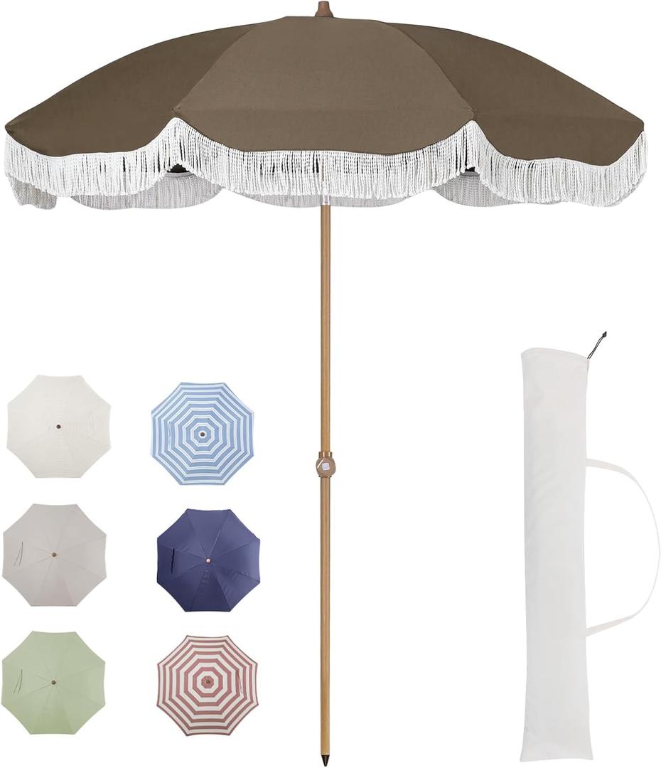 Tempera 7ft Outdoor Patio Umbrella with Carry Bag,Beach Umbrella with Fringe|Vintage Tassel Umbrella with Prime Steel Pole and Ribs Push Button Tilt,Ideal for Garden Lawn,UPF50+ (KHAKI)