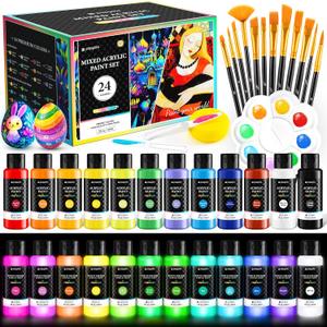 40 PCS Classic & Glow in the Dark Acrylic Paint Set with 12 Brushes, 2 Knives, Palette and Sponge, 24 Colors Art Craft Paints, Easter Basket Stuffers, Canvas Ceramic Rock Eggs Painting Kit (2 Fl Oz (Pack of 24), Mixed Colors)
