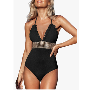 CUPSHE Women's One Piece Swimsuit Halter Back Tie Scalloped V Neck Textured Contrast Stitching, M