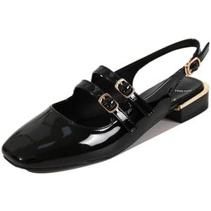 Women's Patent Leather Low Block Heel Mary Jane Sandals with Adjustable Ankle Straps Closed Square Toe Slingback Chunky Heel Pumps for Daily Work Prom Evening Dating (7, Black)