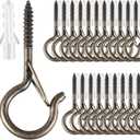 FSAH 35 PCS Screw-in Hooks for Outdoor String Lights, Q Hangers Hooks Outdoor for Outside, Swivel Hanging Basket Patio Light Hooks with Safe Buckle Screw in Planter Eye Hook for Wall Ceiling, Copper
