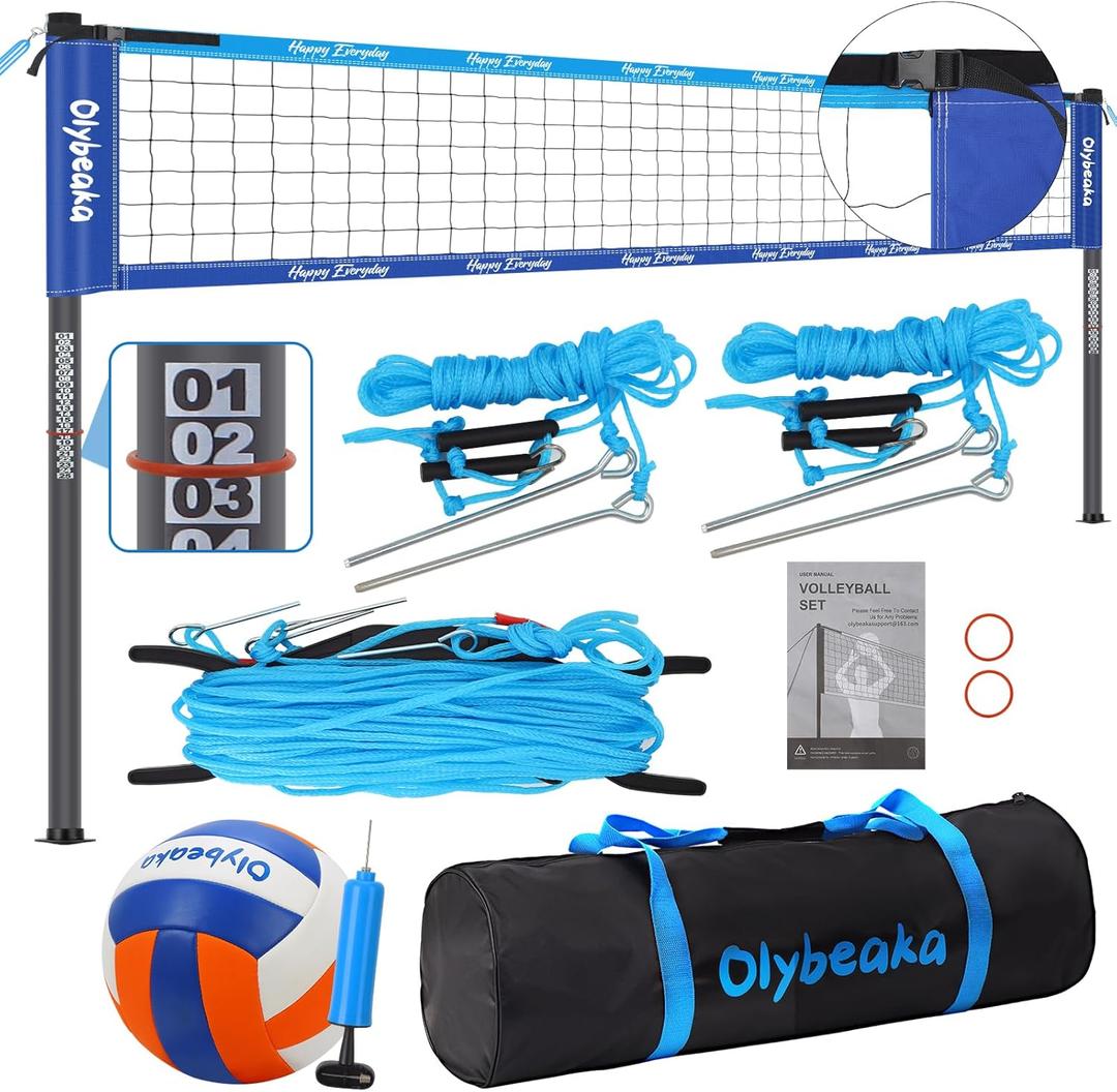 Portable Outdoor Volleyball Net Set System for Backyard Beach with Heavy Duty Poles, Durable Net, PU Volleyball & Pump, Carry Bag (32ft, Blue)