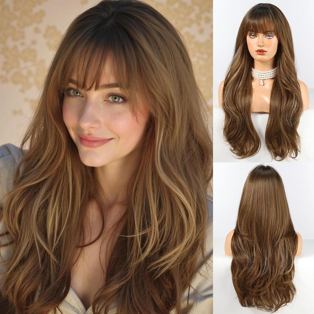 HAIRCUBE Long Ombre Brown with Highlight Wig with Bangs Layered Curly Wigs for Women Natural Synthetic Wigs for Daily Use (pelucas de cabello natural)