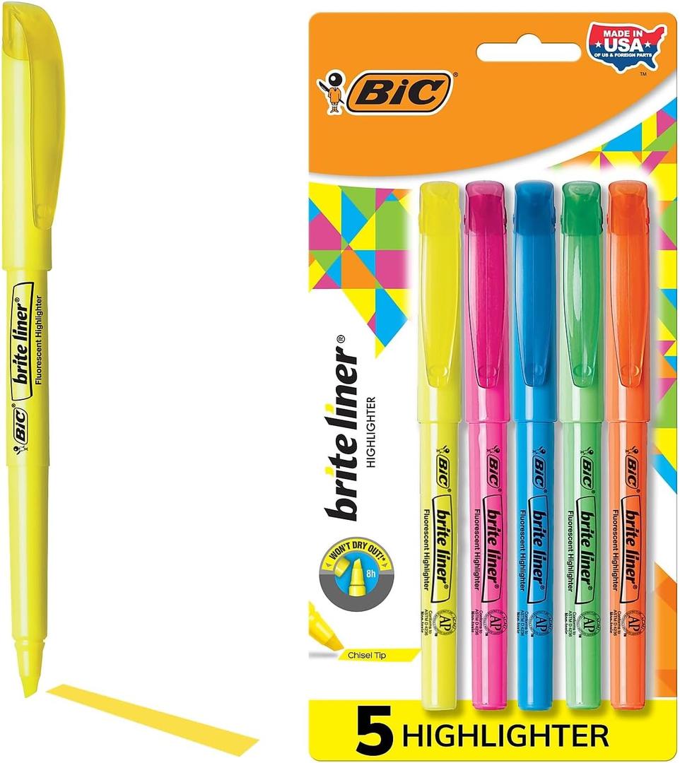 BIC BLP51WASST Brite Liner Highlighter, Chisel Tip, Assorted Colors, 5/Set