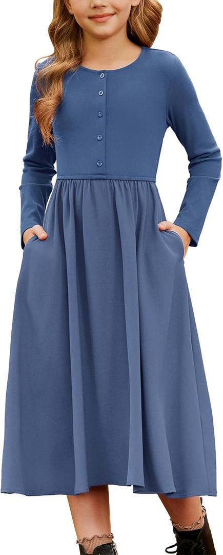 GRACE KARIN Girls Fall Long Sleeve Dresses Teen Girl Blue Maxi Casual Dress Kids Formal Party Dress Size 13-14