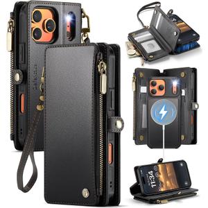 Defencase for iPhone 17 Pro Max Magnetic Wallet Case Compatible with Magsafe with RFID Blocking Zipper & Card Holder for Women Men PU Leather Strap Detachable Case for iPhone 17 Pro Max 6.9", Black