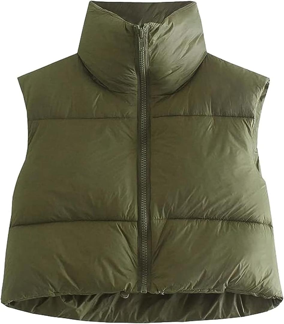 Shiyifa Women's Fashion High Neck Zipper Cropped Puffer Vest Jacket Coat (Army Green), Size: XS