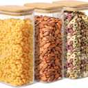 ComSaf 1.8 Qt Rectangle Glass Storage Containers with Lids, Glass Jars with Bamboo Lids, Clear Food Storage Jar, Sugar Coffee Containers, Pantry Storage Container for Pasta Rice Flour Oats Nuts Tea