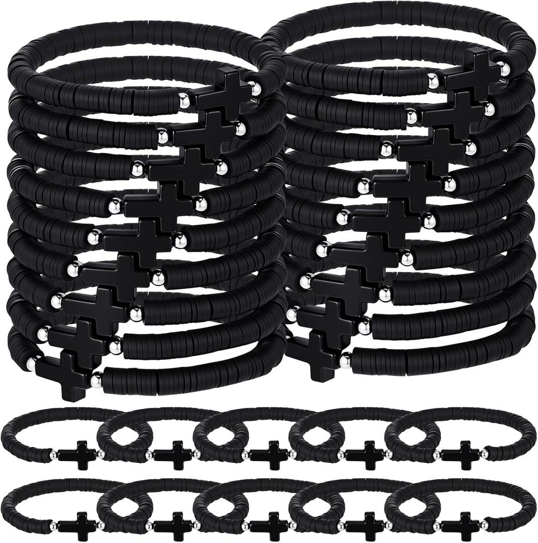Landical 30/50 Pcs Cross Bracelets Bulk Jesus Bracelets Handmade Elastic Colorful Polymer Clay Bead Religious Wristbands Christian Wristband for Women Kid Easter Valentine Gifts (Black)