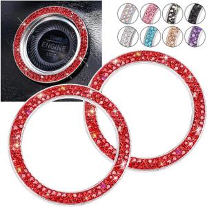 Push Start Button Bling Rings Auto Car Engine Start Stop Button Sticker Emblem,Rhinestone Bling Red Car Accessories Decor for Women Girl 2 Pcs,Red