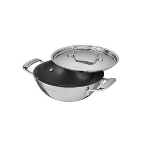 Tramontina Utsava Tri-Ply Clad Stainless Steel 1.8-Quart Kadai with Lid and Ceramic Non Stick Interior, Induction-Ready Small Kadhai Pot for Indian Cooking