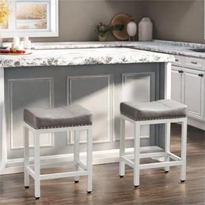 Counter Height Bar Stools Set of 2, Modern Nail-Head Design Leather Barstools for Kitchen Island, Kitchenstools w/Thick Saddle Seats, Easy Assembly, Grey