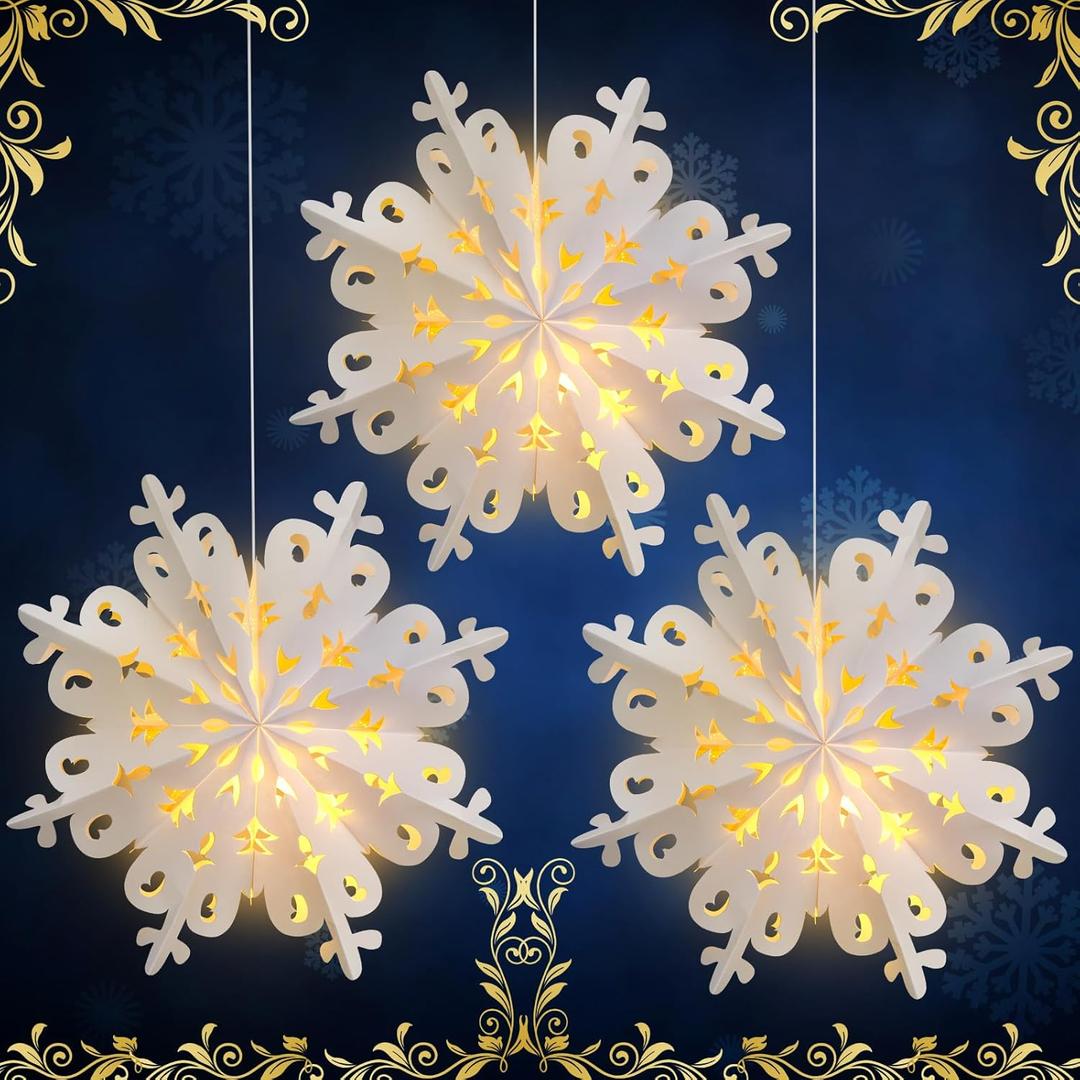 Mudder 3 Pcs Christmas Paper Snowflake Lanterns with 5 LED Light 23.6 Inch 3D White Hanging Snowflake Lamps Winter Party Hanging Decoration for Xmas Trees Holiday Winter Weddings Birthday Celebration