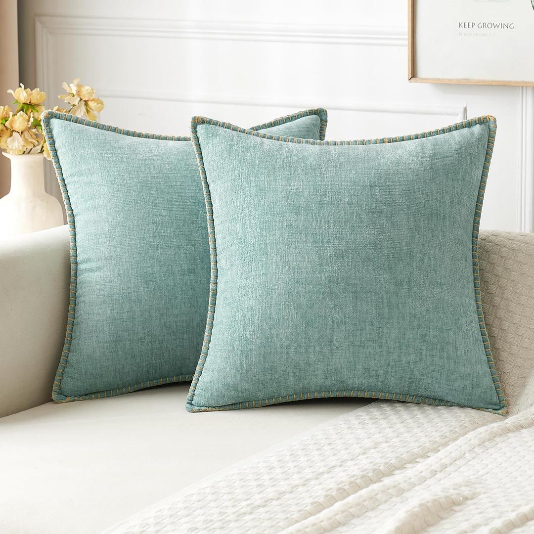 MIULEE Pack of 2 Summer Throw Pillow Covers 20x20 Inch Coastal Aqua Blue Farmhouse Decorative Pillow Covers Stitched Edge Soft Chenille Solid Dyed Pillow Covers for Couch Sofa Bed Living Room