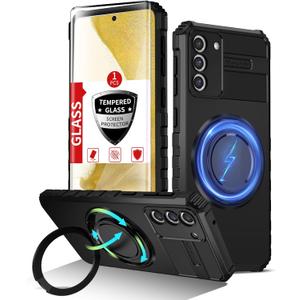 For Samsung Galaxy S22 Plus Case Compatible Wireless Charging Magnetic,with Screen Protector,for S22 Plus Phone Case Built-in Stand Ring Military Grade Shockproof Heavy Duty Protection Black
