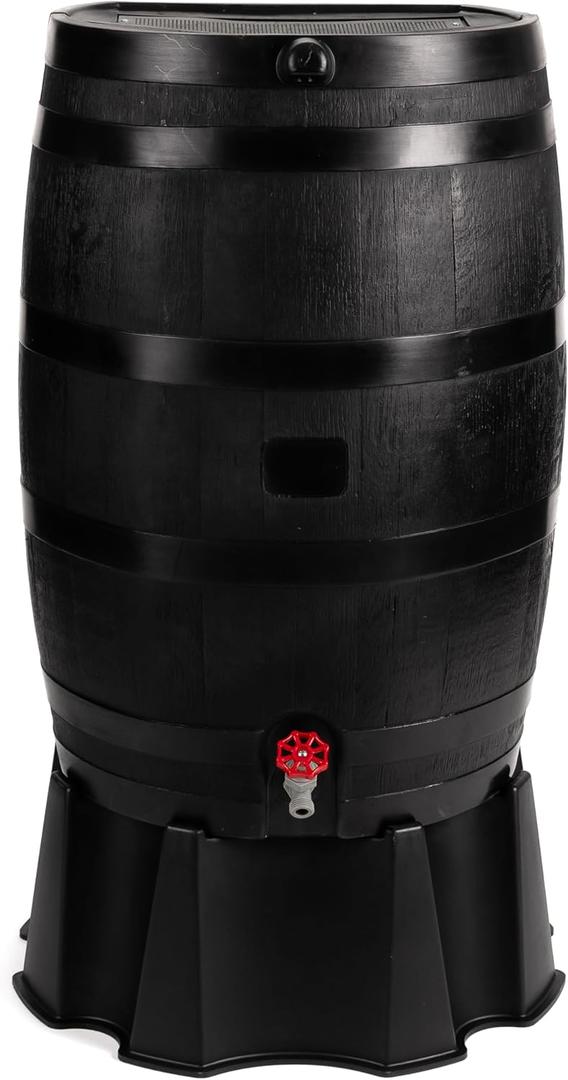 RTS Home Accents 50-Gallon ECO Rain Barrel Made with 100% Recycled Plastic, Flat Back Rain Water Collection Barrel, Stand Included, Black