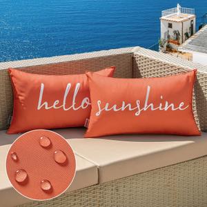 MIULEE Outdoor Waterproof Throw Pillow Covers Set of 2 Hello Sunshine Decorative Outdoor Rectangular Pillowcases for Chair Patio Garden Couch Tent Balcony Sofa Coral Red 12x20 Inch