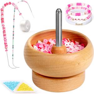 Tilhumt Bead Spinner for Jewelry Making, Effortless Rotating Wooden Clay Bead Spinner with 2 Big Eye Beading Needles and 2000 Seed Beads, Beading Supplies for Making Waist, Bracelets, Necklace