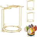 3Pcs Gold Coffee Cup and Saucer Display Stand, 2-in-1 Mug Tree Holder with 6 Hooks and Plate Storage Rack, 7.32"x7.17" Metal Tea Cup Organizer for Kitchen Countertop and Coffee Station