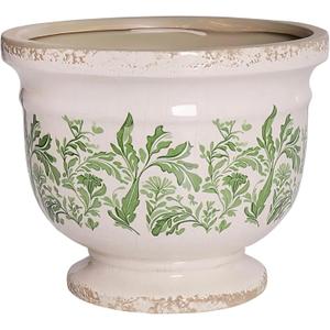 Vintage Ceramic Planter Pot with Drainage, 6.8 Inch Large Crackle Glaze Flower Pot with Green Floral Leaf Pattern for Succulents, Flowers, Farmhouse Country Rustic Planters for Gardening Gift