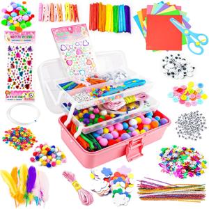 SMILESSKIDDO Arts Craft Supplies for Kids - 1400+ PCS Toddler DIY Craft Art Supply Set, Portable 3 Layered Folding Storage Box School Craft Projects - Gifts for Girls Ages 4-8, 8-12, Pink