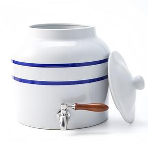 Ceramic Water Dispenser for 5 Gallon Bottle – Crock Water Dispenser with Durable Stainless Steel Faucet, Ideal for 3 to 5 Gallon Jugs, Classic Porcelain Water Crock Design （Use Withe Blue Stripe）