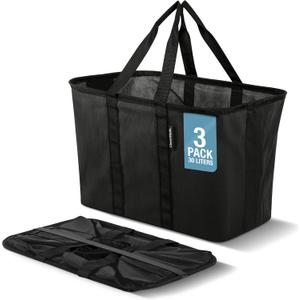 CleverMade EcoBasket 30L Collapsible Tote Basket 3 Pack  Reusable Grocery Tote That Stands Upright, Foldable Shopping Basket for Car Trunk Storage, Heavy Duty Utility Bag, 30 lb Capacity - Black