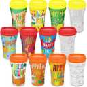 Cinrobiye 12 Set Fall Coloring Cups with Lid DIY Autumn Personalized 8oz Coffee Mug Plastic Cups with 12 Paper Inserts for Fall Holiday Birthday Party School Home Prizes Favors Supplies