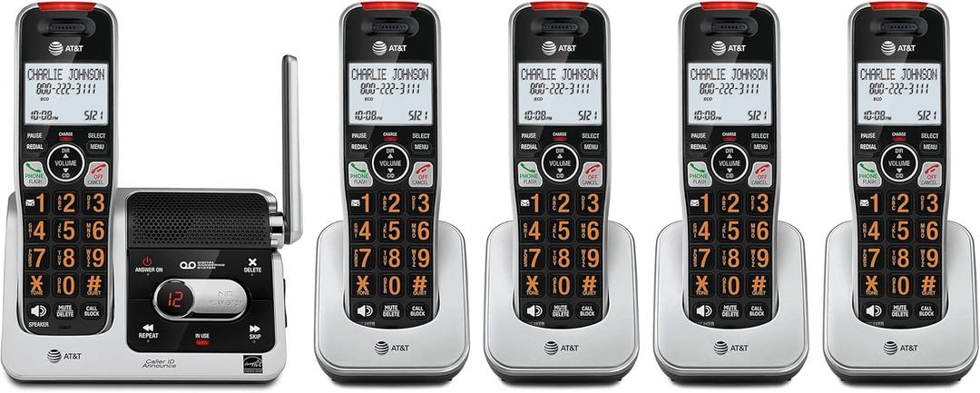 AT&T BL102-5 DECT 6.0 5-Handset Cordless Phone for Home with Answering Machine, Call Blocking, Caller ID Announcer, Audio Assist, Intercom, and Unsurpassed Range, Silver/Black
