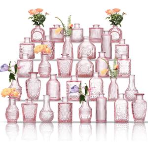 Glass Bud Vases Set of 32 - Pink Assorted Small Mini Glass Vases for Flowers, Crystal Vintage Vase Set, Bulk Centerpieces for Table Dcor, Wedding, Home and Events (Pink, 32 Pcs)