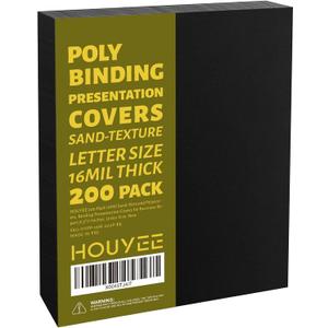 HOUYEE 200 Pack 16 Mil Poly Binding Covers,Sand Texture Binding Presentation Covers,8.5x11 Inches,Letter Size,Black,Square Corners,Un-Punched