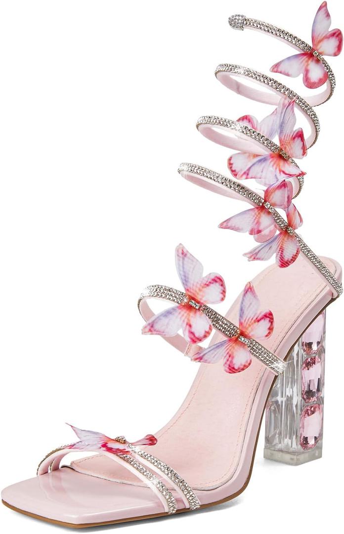 Womens Lace Up Sandals Square Open Toe Chunky High Heels Rhinestone Strappy High Block Heel Sandals Sparkly Dress Party Wedding Shoes (7.5, Pink)